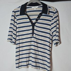 Liverpool Striped Button-Down Polo in Navy, Blue & Tan
